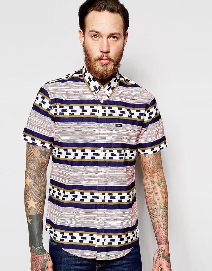 Lee Shirt Button Down Short Sleeve Stripe All Over Print In Navy - Lava Red