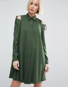 Asos Cold Shoulder Shirt Dress With Tie Detail - Green