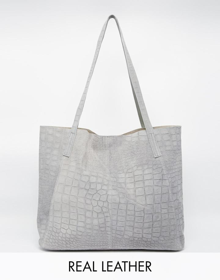 Asos Suede Embossed Croc Shopper Bag - Pale Gray