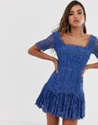 Asos Design Square Neck Mini Dress In Lace With Flute Hem-blue