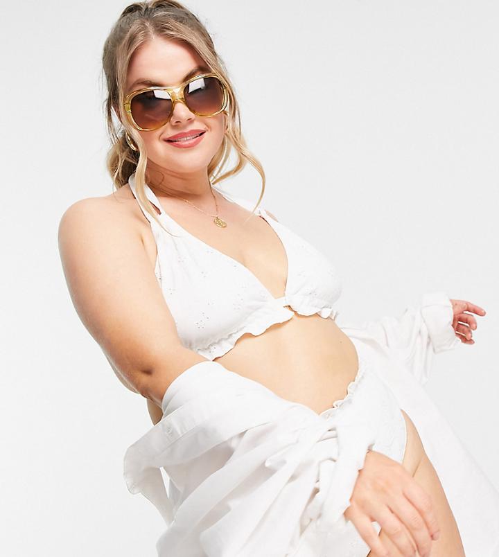Asos Design Curve Mix And Match Broderie Frill Triangle Bikini Top In White