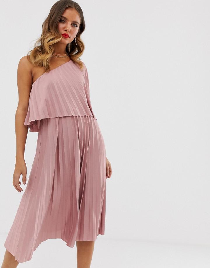 Asos One Shoulder Pleated Crop Top Midi Dress-pink