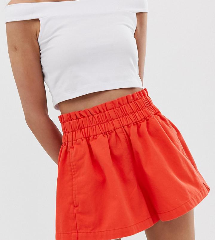 Asos Design Petite Denim Short With Gathered Waist Detail In Red