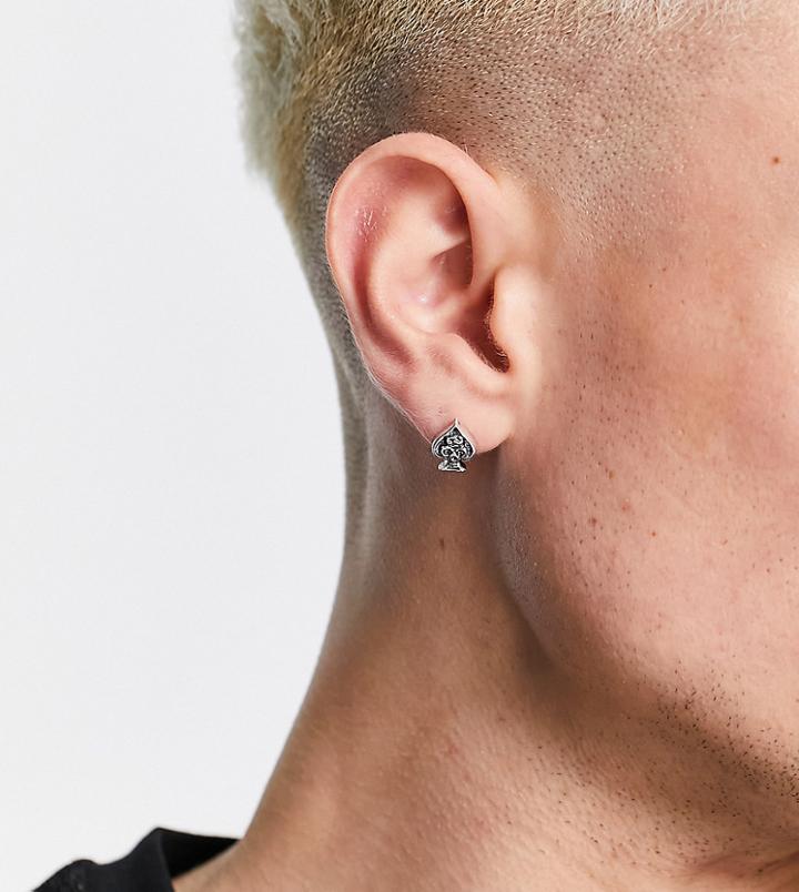 Asos Design Sterling Silver Stud Earrings With Ace Of Spades Design In Burnished Silver