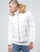 Asos Quilted Jacket With Fur Trim Hood In White - White