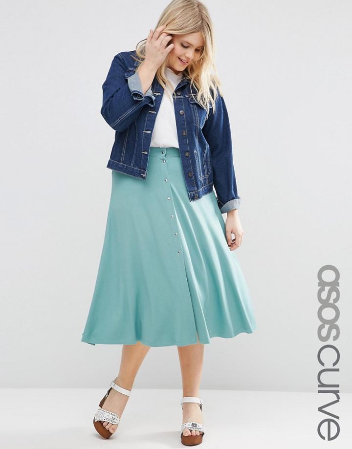 Asos Curve Midi Skater Skirt With Poppers - Sage Green