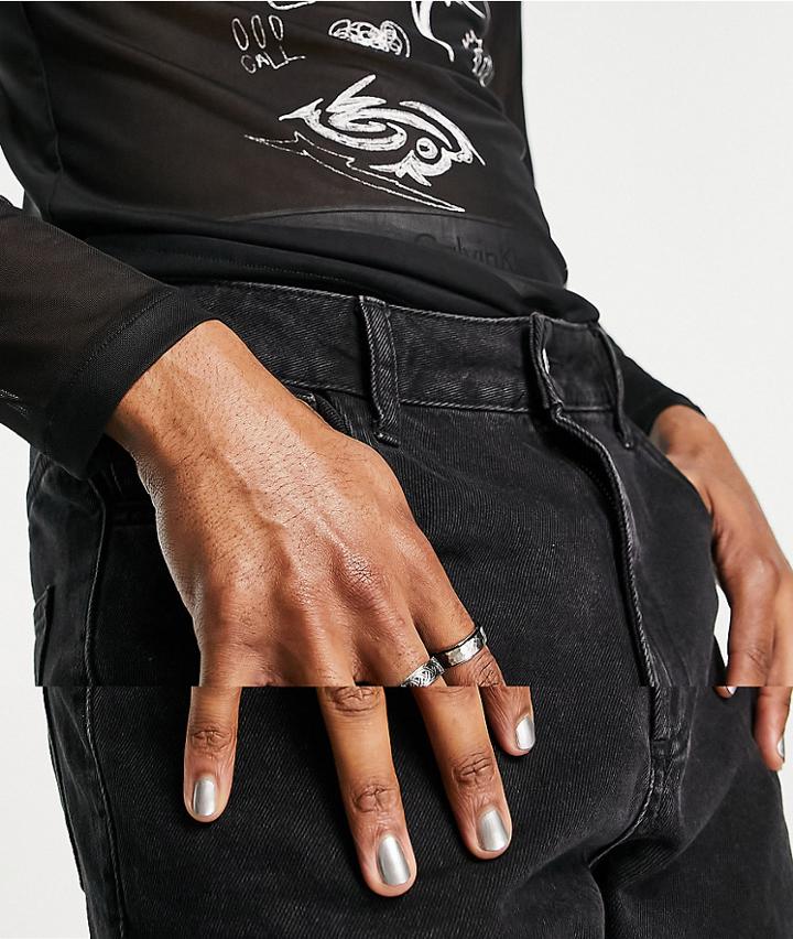 Asos Design 3 Pack Waterproof Stainless Steel Band Ring Set With Emboss Detail In Silver