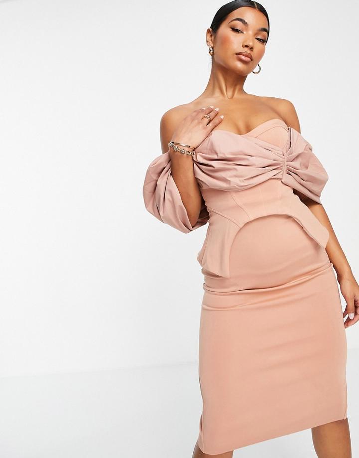 Asos Design Poplin Overlay Corseted Pencil Midi Dress In Camel-neutral