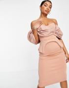 Asos Design Poplin Overlay Corseted Pencil Midi Dress In Camel-neutral