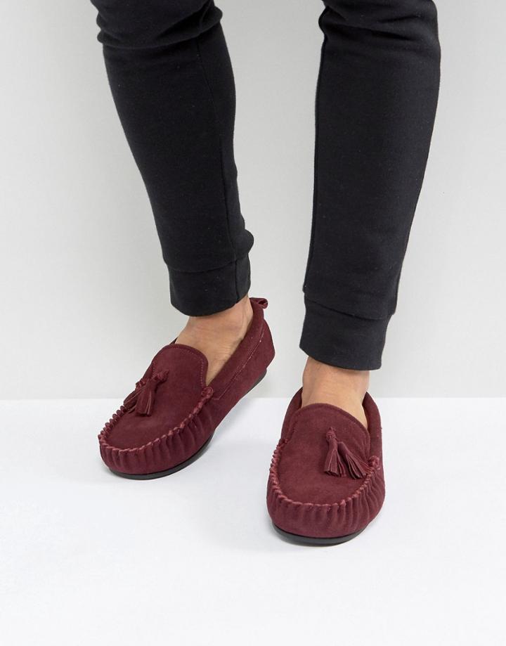 Dunlop Tassel Slippers In Burgundy Suede - Red