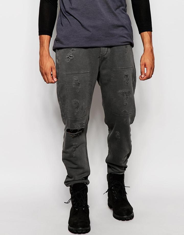 Asos Slim Joggers With Distressed And Rip Detailing - Washed Gray