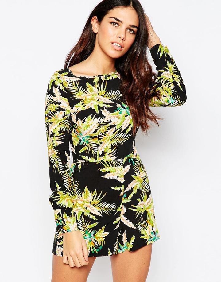 Ax Paris Long Sleeve Romper In Tropical Print - Black