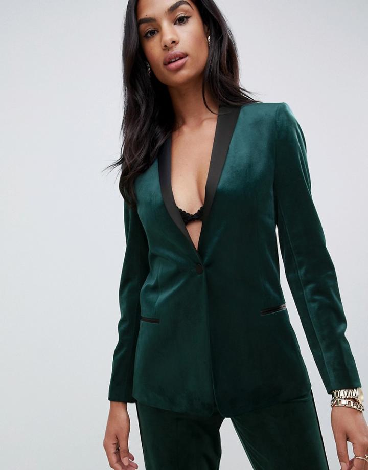 Asos Design Tux Blazer In Velvet - Green