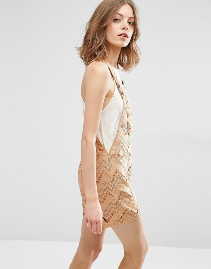First & I Chevron Overall Romper - Caramel