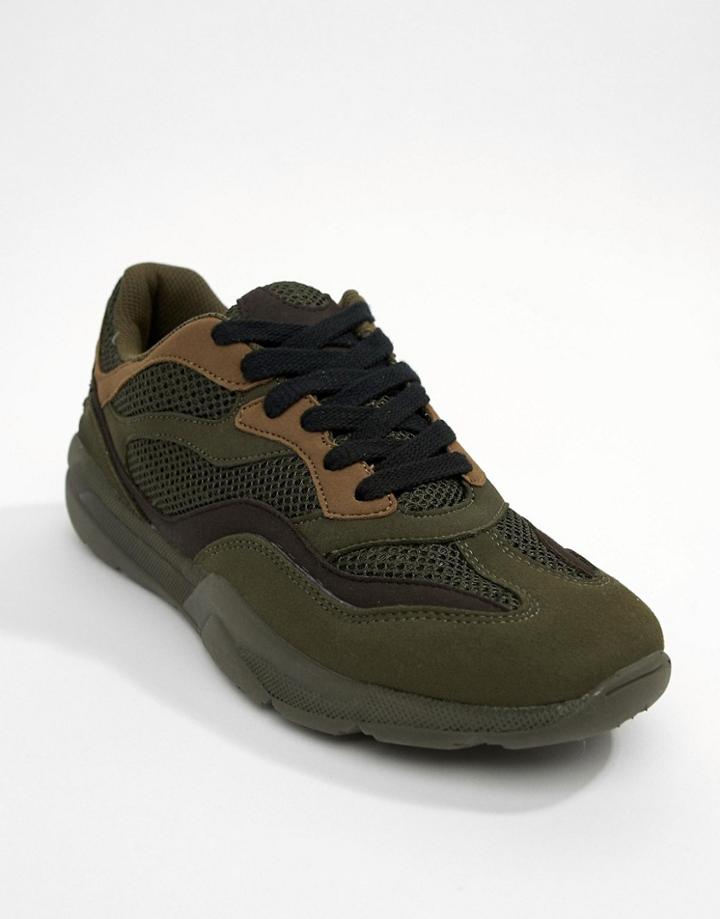 River Island Knitted Sneakers In Khaki-green