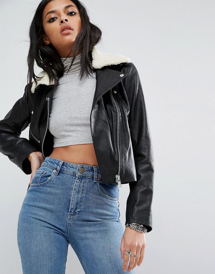 Asos Leather Biker Jacket With Removable Fleece Collar - Black