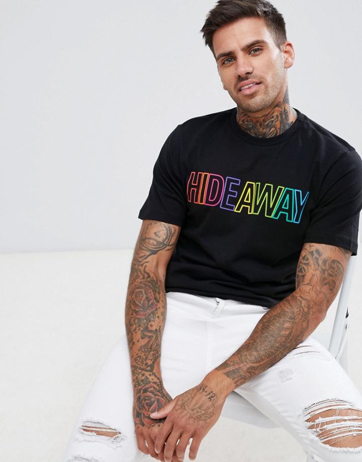 Pull & Bear T-shirt In Black With Hideaway Slogan - Black