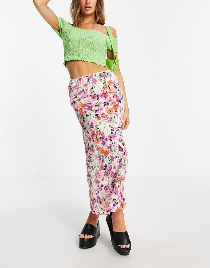 Topshop Floral Satin Bias Skirt In Multi