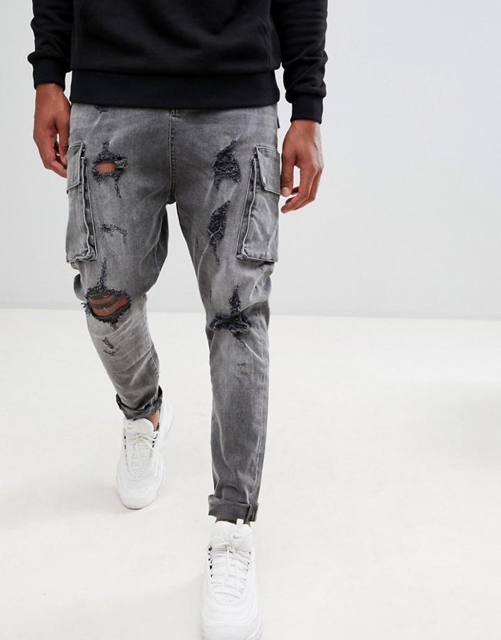 Asos Design Drop Crotch Jeans In Washed Black With Cargo Pockets And Rips