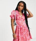 Topshop Petite Button Down Tonal Floral Rose V Neck Mini Tea Dress In Pink