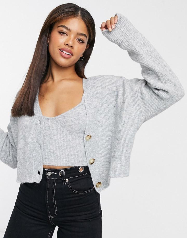 Bershka Knitted Cardigan Twinset In Gray-grey