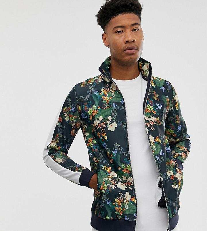 Asos Design Tall Track Jacket In Retro Fabric With Floral Print And Side Stripe - Black