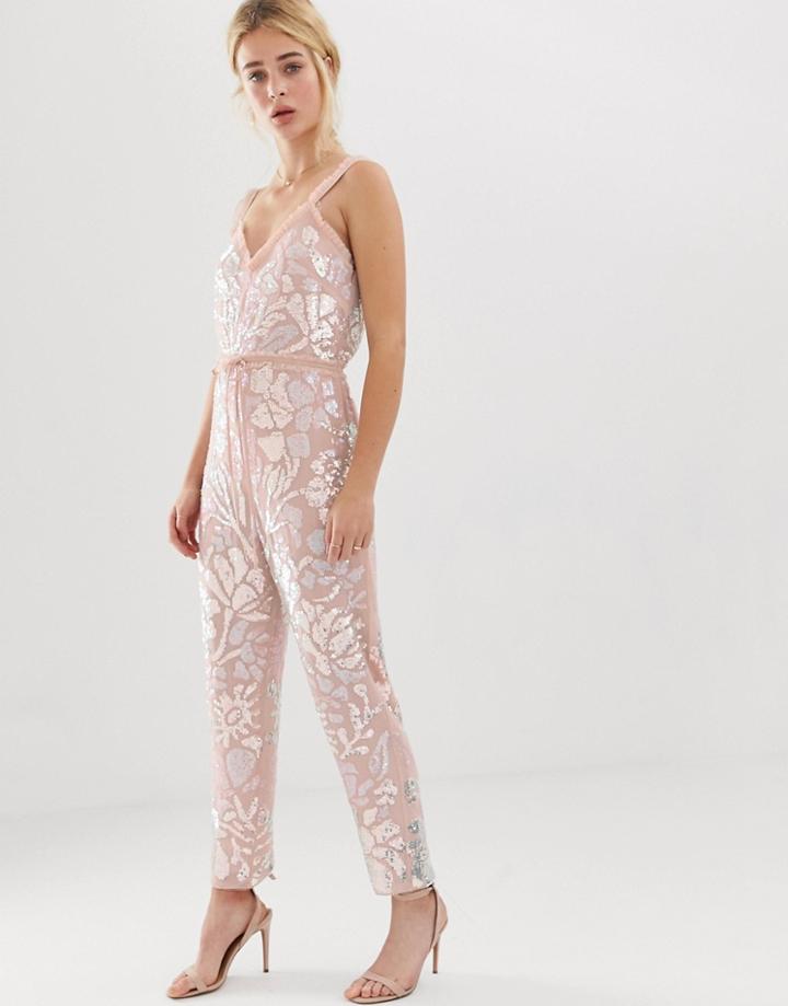 Needle And Thread Floral Embellished Jumpsuit With Tie Waist In Rose Quartz - Pink