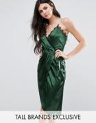Naanaa Tall Crossover Satin Asymetric Midi Dress With Lace Trim - Gree