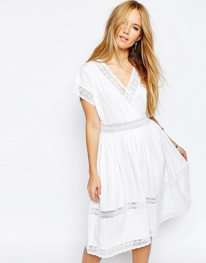 Asos Wrap Full Midi Dress With Lace Inserts - White