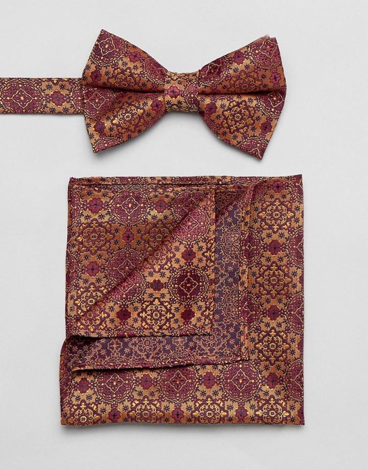 Asos Design Bow Tie And Pocket Square In Rust Jacquard - Red