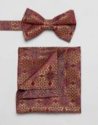 Asos Design Bow Tie And Pocket Square In Rust Jacquard - Red