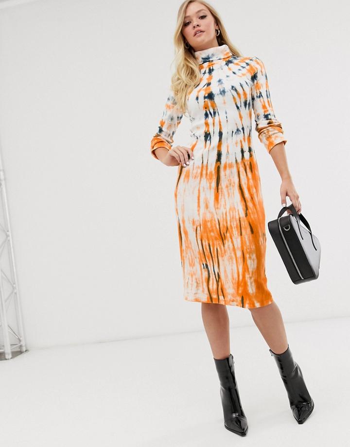Neon Rose High Neck Midi Dress In Dark Tie Dye-multi