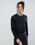 Asos Design Slim Sateen Shirt With Snake Print Collar With Collar Bar - Black