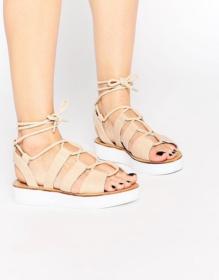 London Rebel Klip Tie Flatform Gladiator Flat Sandals - Beige