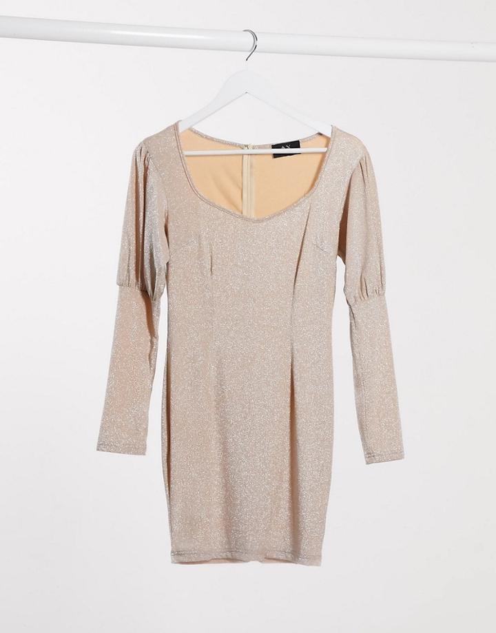 Ax Paris Puff Sleeve Mini Dress In Metallic Light Pink-neutral