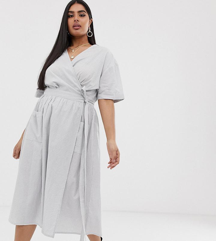 Neon Rose Plus Wrap Midi Dress With Pockets In Gingham-gray