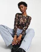 Noisy May Mesh Starry Print Long Sleeve Printed Crop Top In Black