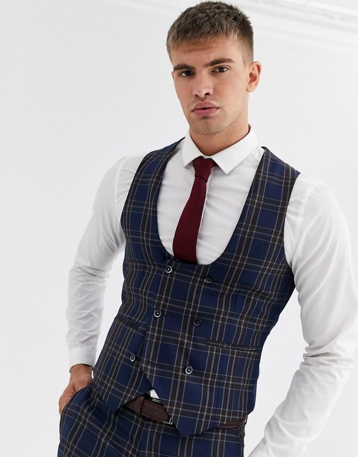 Harry Brown Wedding Slim Fit Blue And Brown Overcheck Suit Vest