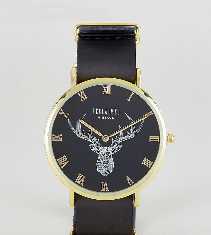 Reclaimed Vintage Inspired Stag Leather Watch In Black Exclusive To Asos - Black
