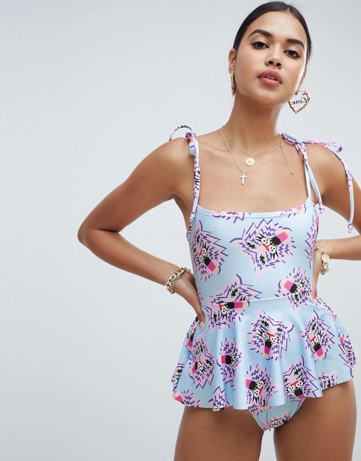 Jade Clark X Tara Khorzad Swimsuit In Tiger Head Print With Peplum - Pink