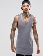Asos Rib Longline Muscle Vest With Raw Edge And Extreme Racer Back In Grey - Gray