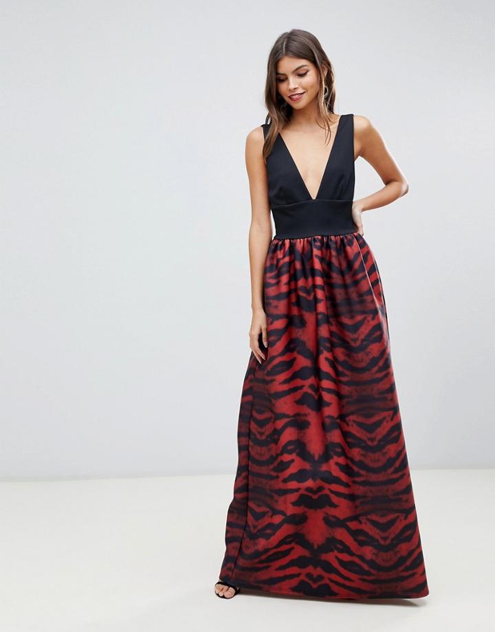 True Violet Plunge Front Maxi Dress In Tiger Print - Multi