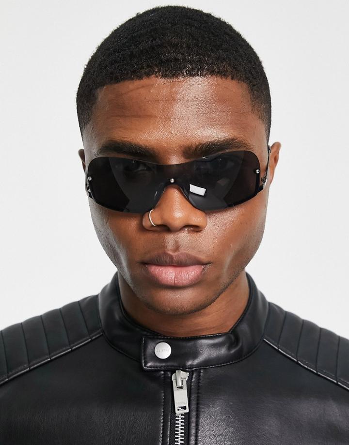 Asos Design Rimless Y2k Visor Sunglasses In Gunmetal And Smoke Lens-silver