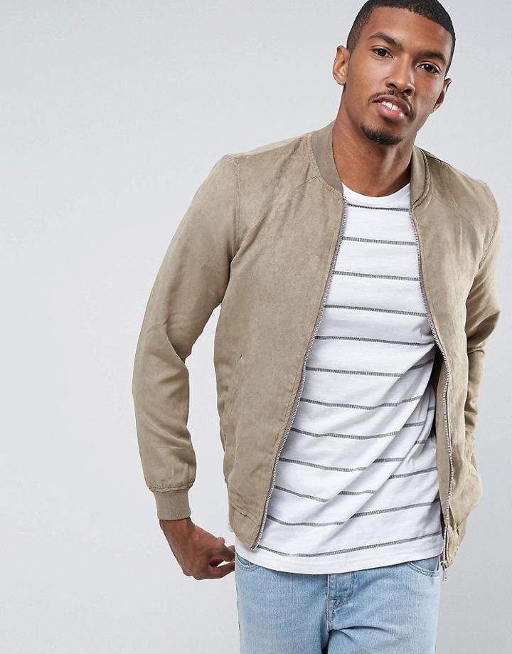 Pull & Bear Faux Suede Bomber Jacket In Stone - Beige