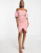 Asos Design Sweetheart Neck Wrap Tuck Off Shoulder Bardot Midi Dress In Rose-multi