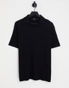 Asos Design Relaxed Fit Ribbed Polo With Camp Collar In Black