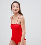 South Beach Crinkle Bandeau Frill Edge Swimsuit - Red
