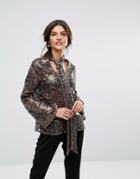 Closet Sequin Tie Neck Long Sleeve Blouse - Gold