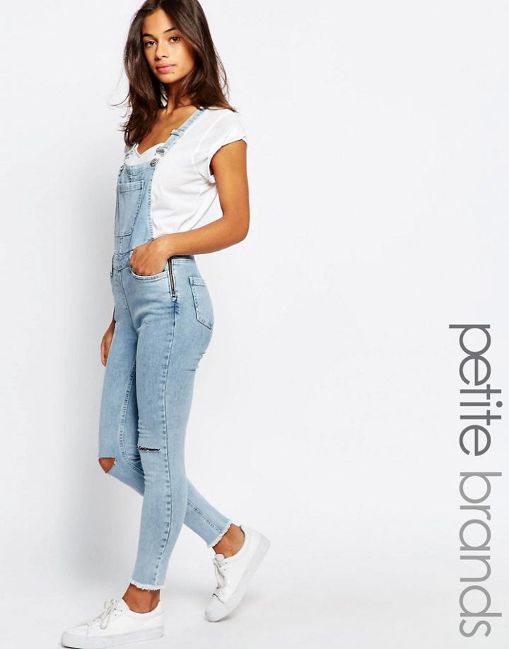 New Look Petite Bleach Denim Overall With Raw Hem - Blue