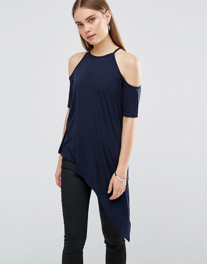 Ax Paris Cut Out Shoulder Asymmetric Top - Navy